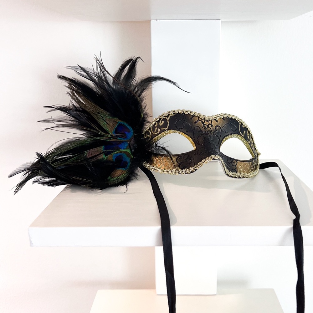 Feathered Peacock Gold and Glitter, Black Costume Halloween Masquerade Mask
